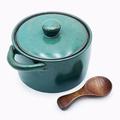 12 oz Ceramic Salt Cellar with Lid & Wooden Spoon,Countertop Salt Container,Sugar Bowl,Spices Jar| Artisan Kitchen Decor(Green B) - color: Green B