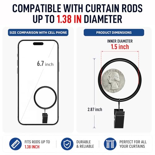 Lansian 72 Pack Curtain Rings with Clips Hooks 1.5 in Diameter Rustproof - color: Black, size: 1.5"Inner Dia, 72Pack