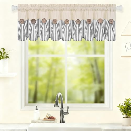 ASPMIZ Farmhouse Valances for Windows, Beige+Grey, 60x14 Inches, 1 Panel - color: Beige&grey, size: 60"W x 14"L (Pack of 1)