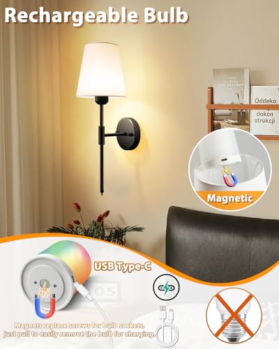 Adetu Battery Operated Wall Sconce Set of 2, Black Wall Sconces