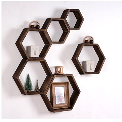 WONFUlity Hexagon Floating Shelves, Hexagonal Shelf Wall Mounted Storage - color: Brown, size: 6PC