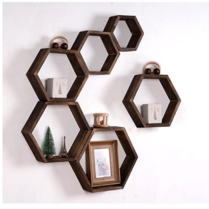 WONFUlity Hexagon Floating Shelves, Hexagonal Shelf Wall Mounted Storage - color: Brown, size: 6PC