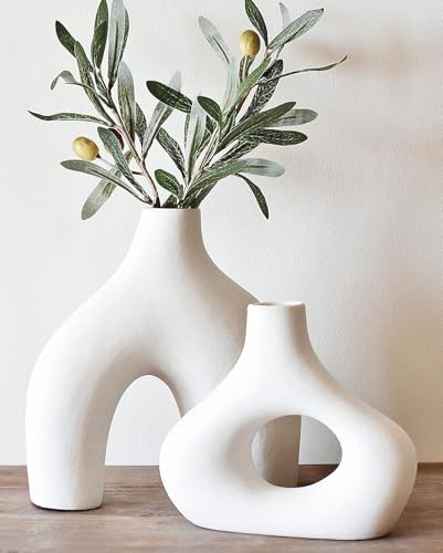 Carrot's Den Ceramic Modern Vase Set of 2, Donut Shelf Decor, Warm White - color: Warm White