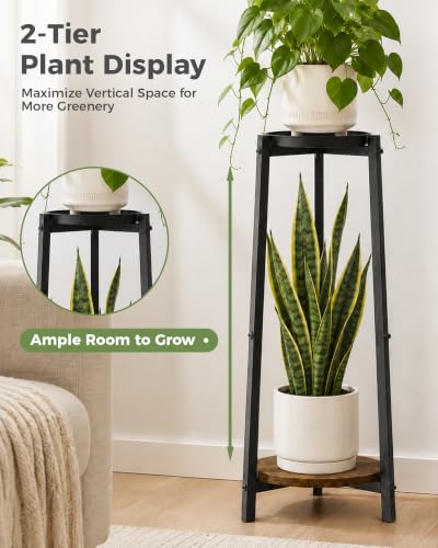 Bamworld Tall Plant Stand 30 Inch 2 Tier Metal Plant Stand with Wood Shelf - color: Brown, size: 2 Tier