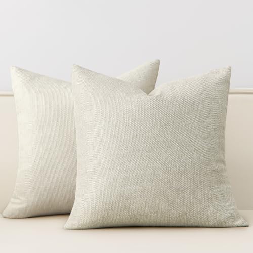 Natural Linen Look Throw Pillow Covers 18x18 inch Set of 2, Textured Woven Decorative Pillow Covers, Neutral Farmhouse Cushion Covers for Couch Sofa Living Room Bedroom Oat Milk Beige - color: Oat Milk Beige, size: 18" x 18" (Pack of 2)