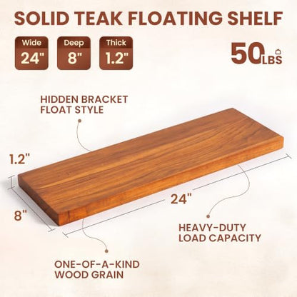 24" Teak Floating Shelves, Natural - Set of 2 - color: Natural Teak, size: 24"L, 2-Pack