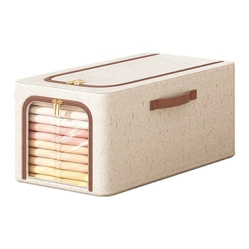 RZJZGZ 49L Clothes Storage Bins with Metal Frame, Foldable Linen Storage Boxes with Lids, Linen Fabric Storage Box with Lid Clear Window（Beige） (Large size) - color: Large size