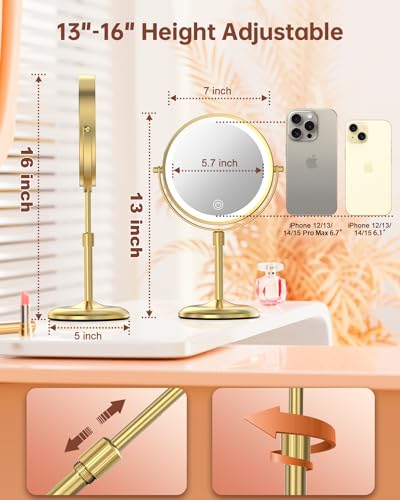 Benbilry 7" Lighted Makeup Mirror with 3 Color Lights & 10X Magnification, Adjustable Brightness & Height, 360° Swivel Rechargeable 10X LED Magnifying Vanity Mirror with Light, Gold - color: Gold