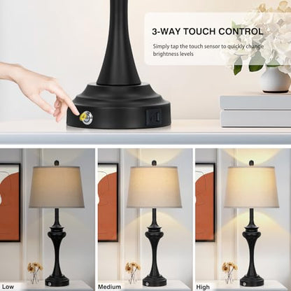 Rinweey 30 Inch Black Table Lamp Single, 3-Way Touch Control Bedside Lamp with USB A+C Ports, Modern Bedroom Lamps for Nightstand, Metal Living Room Lamps for Side Table Desk Office, Bulb Included - color: Black-30"H-1PK