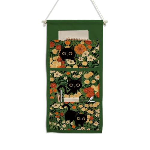 IAXIC Canvas Wall Hanging Organizer with Pockets Fish Extender Hanging Pouch Black Cat Floral Door Closet Organizers Fabric Storage Pockets Wall Decoration - color: Black Cat Floral