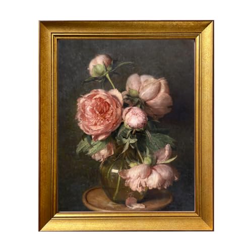 Gold Framed Pink Peonies Flower Oil Painting on Canvas Vintage Dark Floral Wall Art Farmhouse Picture Wall Decor Moody Canvas Print for Living Room Bedroom Bathroom Decor - color: Pink Peonies, size: 20"L x 16"W