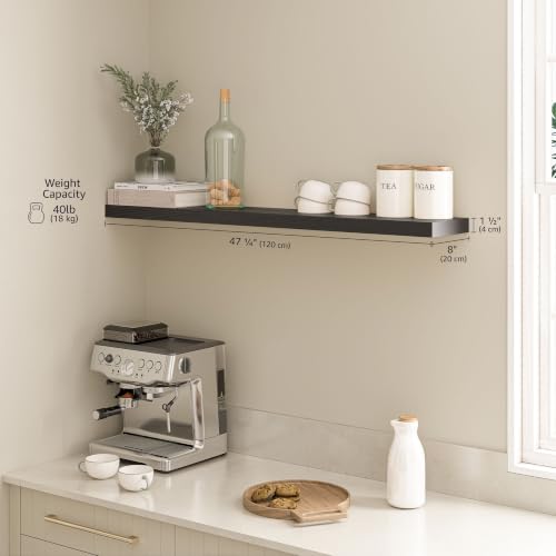 Ballucci Floating Shelf, 48" Wood Wall Shelf with Invisible Brackets for Bathroom, Living Room, Bedroom, Kitchen, Nursery, 8" Deep, Black - color: Black, size: 47.2 inches