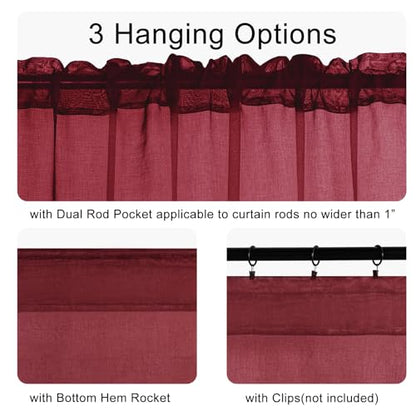DWCN Sheer Curtain Valance - Faux Linen Window Curtain for Bathroom & Kitchen Windows - Rod Pocket Semi Sheer Drapes, Burgundy, 1 Panel, 42W x 18L Inch - color: Burgundy, size: 42"W x 18"L (Pack of 1)