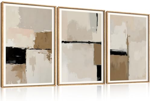 HPINUB Large Modern Abstract Framed Canvas Wall Art Set,Geometric Line Black White and Beige Textured Wall decor Neutral Gray Minimalist Art Print for Living Room,Bedroom,Dining Room,Office -16"x24"x3 - color: Beige Geometric Wall Art, size: 16"L x 24"W