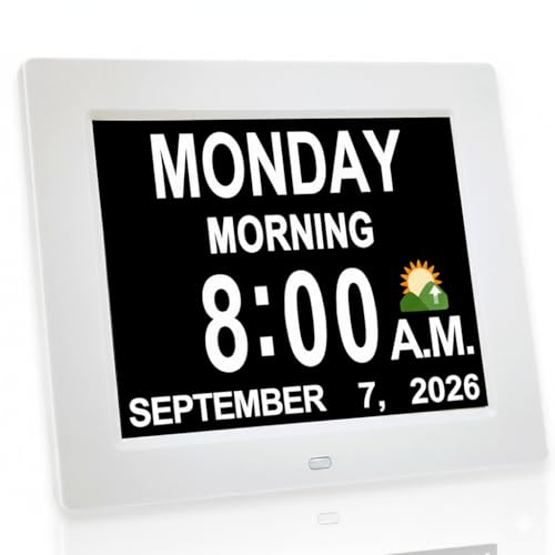 JALL 8" Large Digital Calendar Day Clock for Seniors 2026 - Easy to Read Alzheimer's Dementia Memory Loss Clock for Elderly with IPS Wide Angle，Day & Date, 12 Custom Alarms & Auto-Dimming, White - color: White, size: 8''
