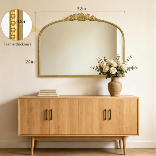 HOMECOOKIN Vintage Arched Gold Mirror, Antique Baroque Mirror, 24"X32" Wall Mirror with Ornate Frame, Antique Brass Mirror for Bathroom Vanity, Living Room, Fireplace, Entryway, Hallway, Home Decor - color: Gold, size: 24"L x 32"W