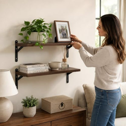 Walnut Floating Shelves Wall Mounted Set of 2, Heavy Duty Wood Wall Shelves with Reinforced Anti-Sag Brackets, Includes 12 Hollow Wall Anchors & Complete Installation Kit for Drywall & Concrete