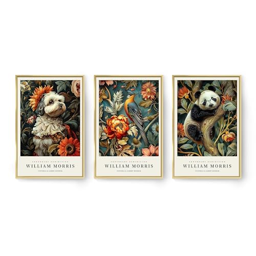 OVVGVV William Morris Wall Art set of 3 large Framed Vintage botanical Colorful Abstract Nature Flowers Canvas Art for Living Room Bedroom Office Decor(Style11, 3pcs 12x16 Gold Frame) - color: Type11-Gold, size: 12x16 in