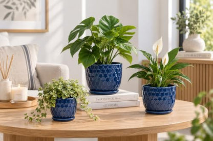 Ceramic Flower Pots with Drainage Hole and Saucer, North European Style Round Indoor Succulent Planters with Honeycomb Inspired Texture Design, Small to Medium-Sized, Set of 3, Navy Blue - size: 6.4"+5.2"+3.7" - Set of 3, style: Modern