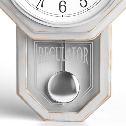 Pendulum Wall Clock, Real Wood Regulator Clock, White, Quiet Non-Chiming - color: Rustic White With Arabic Numerals