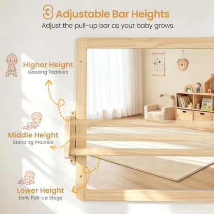 Montessori Mirror with Pull Up Bar, Large 38.2 x 23.6 in Natural Wood & Shatter-Resistant Acrylic Baby Mirror for Tummy Time, Horizontal/Vertical Floor Use, Wall Mounting and Pull-to-Stand - size: 38.2"L x 38.2"W