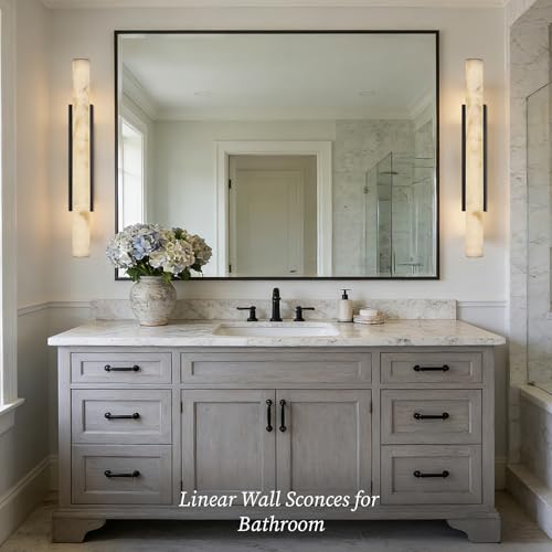 Artisan Alabaster Wall Sconces Set of 2, 36in Matte Black Linear Sconce, Faux Alabaster Sconce for Bathroom Vanity, 3000K Dimmable Hardwired Modern Wall Sconces for Bedroom Living Room Hallway - color: Black-36in-2Pcs