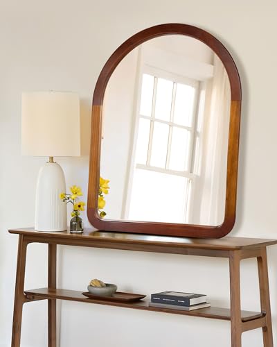 Arch Large Mirror 30 x 40 Inch,Brown Wood Bathroom Wall Mirror with Walnut - color: Two-tone Walnut a, size: 40"L x 30"W