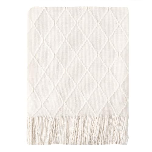 BATTILO HOME Large Cream Throw Blanket with Fringe, End of Bed Throw Blankets White,Spring Throw Blanket for Couch Sofa Indoor Outdoor, 52"x80" - color: White, size: 52 x 80 in.