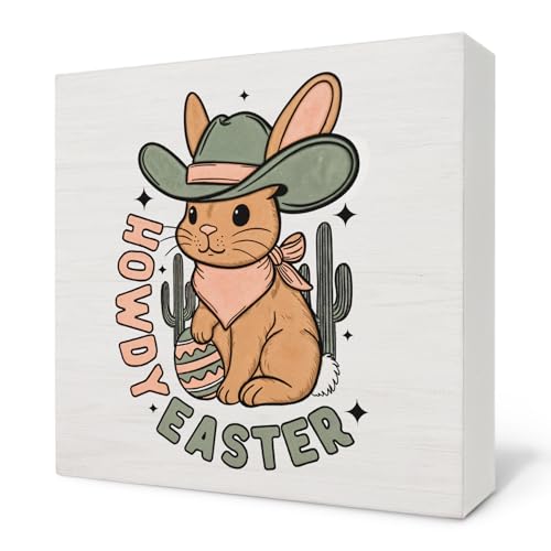Howdy Western Cowboy Bunny Wooden Box Sign, Easter Bunny Decor, Retro Western Cactus Easter Rabbit Wood Block Signs for Home Office Desk Table Shelf Decor, 5x5 Inch - color: Western 02