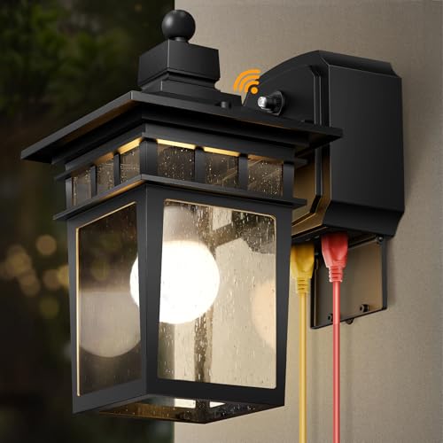 Porch Lights with GFCI Outlet, Dusk to Dawn Outdoor Wall Sconce Black | Anti-Rust Waterproof Aluminum Construction, Easy Installation, Tempered Glass & E26 Socket Outside Lights for House Garage - color: Black, size: 1-Pack-Dusk to Dawn