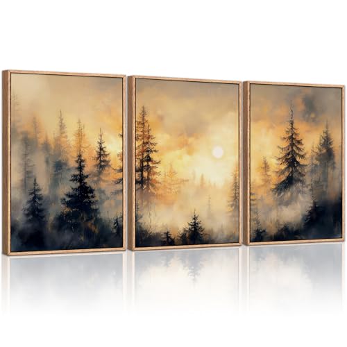 HLNIUC Golden Sunshine Forest Framed Canvas Wall Art,Foggy Forest Pine Tree Wall Decor,Large Sunset Landscape Art Print,Natural Misty Mountain Forest Wall Painting for Living Room,Bedroom - 16”x24”x3 - color: Sunshine Forest, size: 16"L x 24"W