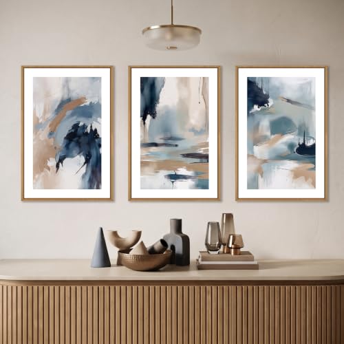 KAIRNE Navy Blue Abstract Brush Stroke Framed Canvas Wall Art Set-16"x24"x3 - color: Blue Shapes Wall Art, size: 16"L x 24"W