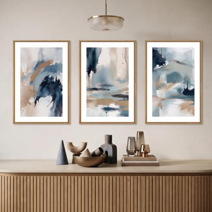 KAIRNE Navy Blue Abstract Brush Stroke Framed Canvas Wall Art Set-16"x24"x3 - color: Blue Shapes Wall Art, size: 16"L x 24"W