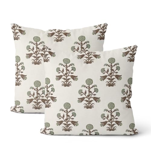 CXMEIFLY Brown Green Vintage Pillow Covers 18 x 18 Inch Set of 2 Boho Floral Outdoor Decor Throw Pillows Neutral Block Print Flower Linen Farmhouse Decorative Pillowcases for Couch Bed Sofa - color: Brown Green, size: 18" x 18" (Pack of 2)