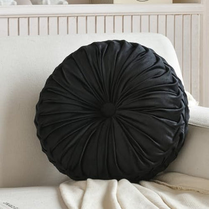 Teieas Round Throw Pillow Velvet Pleated Round Pillow Cushion - color: Black