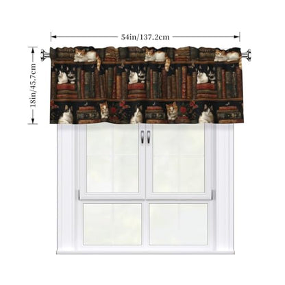 Bookshelf Cat Valances for Windows Rod Pocket Curtain Valance 1 Panel Short Curtains for Kitchen Bathroom Living Room Bedroom Window Treatments - color: Bookshelf Cat