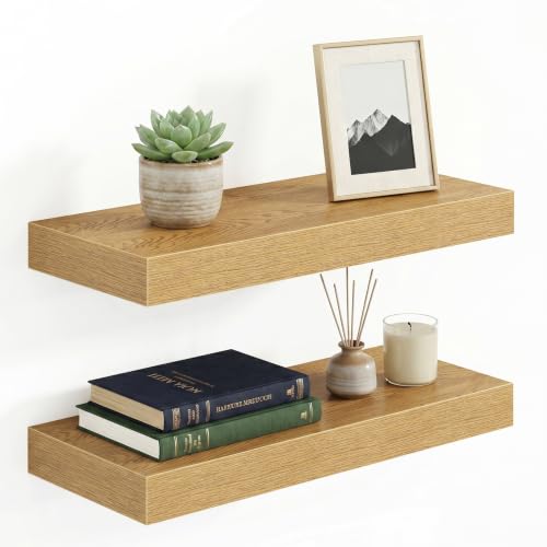 1.5" Thick Floating Shelves for Wall, 16"x6.5" Wall Mounted Shelf, Wall Storage Shelf,No Sag,Easy Install Wood Grain Shelf for Bedroom, Kitchen, Living Room & Hallway,Oak,Pack of 2 - color: Oak, size: 16"x 6.5"-Pack of 2