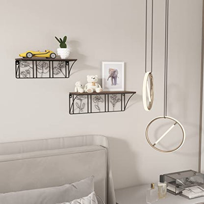 QUTREY Plant Wall Art Floating Shelves Set of 2, Minimalist Metal Abstract Decor Rustic Wooden Shelf for Living Room, Bedroom, Bathroom