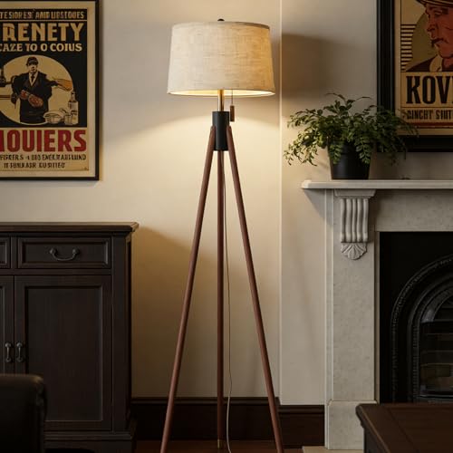 MOFFE Mid Century Tripod Floor Lamp with Pull Chain,Black & Gold Finish - color: Amber Walnut
