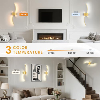 VOLISUN Battery Operated Wall Sconces Set of Two, 27.6 inch Wireless Wall Sconces, 3000K-6500K Dimmable Wall Lamps with Remote, Rechargeable Gold Wall Lights for Living Room, Hallway, Bedroom - color: Gold, size: 27.6 INCH