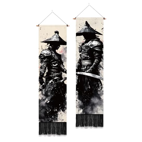 PLIGREAT 2 Pack Ink Style Tapestry Japanese Samurai Vertical Wall Hanging with Tassels Black Aesthetic Wall Tapestry for Bedroom Living Room Dormitory Backdrop Home Art Decor, 52"x13" - color: black,beige
