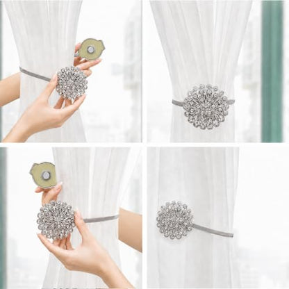 Magnetic Tiebacks for Curtain 2 Pack,Crystal Flower Holdback - color: Silver