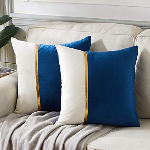 Fancy Homi 2 Packs Decorative Throw Pillow Covers 20x20 Inch for Living Room Couch Bed, Navy Blue and White Velvet Patchwork with Gold Leather, Luxury Modern Home Decor, Accent Cushion Case 50x50 cm - color: Navy Blue, size: 20" x 20" (Pack of 2)