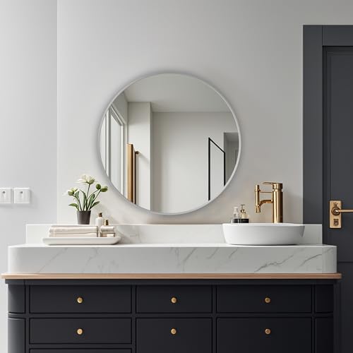 Round Mirror, Wall Mounted Circle Mirror-Brushed Metal Frame, 24", Silver - color: Silver, size: 24"L x 24"W