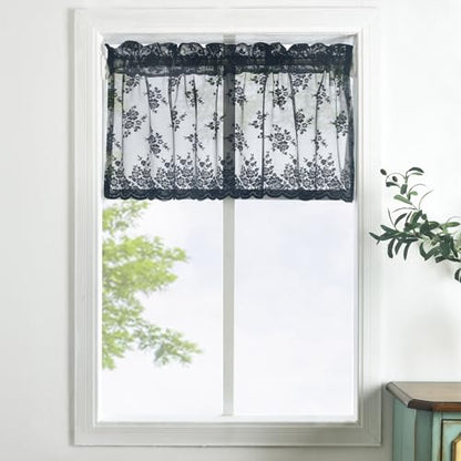 Kotile Black Lace Valance Curtain for Windows Floral W52xL18 Inch 1 Panel - color: Black