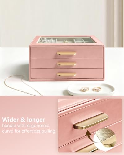 Homeanda Jewelry Boxes Organizer with Glass Lid, 3-Layer PU Leather, Pink - color: Mauve Pink, size: 3 Layer