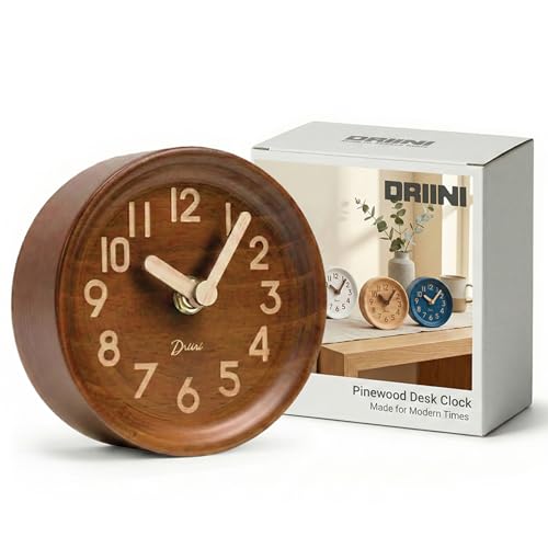 Driini Small, Silent Wooden Analog Desk Clock for Shelf or Table, Dark - color: Brown