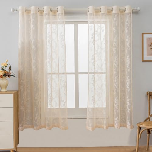 Anytime Beige Lace Sheer Curtain Panels for Living Room Elegant Window Treatment Sets Light Filtering Translucent Draperies for Office (2 Panels,W55 x L45 inch) - color: Beige, size: 55"W x 45"L (Pack of 2)