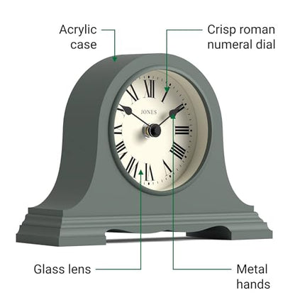 JONES CLOCKS® Speakeasy Small Mantel Clock | Classic Napoleon’s hat Design | Green | Roman Numerals | Traditional Style for Desk, Table, Shelf or Bedside - color: Asparagus Green