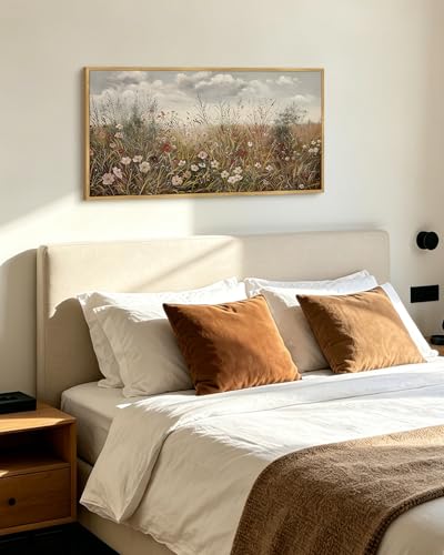 KUVIOKE Vintage Landscape Framed Wall Art 20x40in Large Meadow Wildflower Field Wall Prints Classic Retro Farmhouse Rustic Decorations for Living Room Bedroom (Natural Framed) - color: Wildflower Field, size: 40"L x 20"W